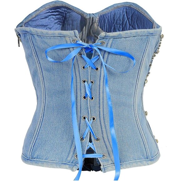 Women's Denim Corset Top Rhinestone Strapless Padded Supportive Party - Picture 3 of 8